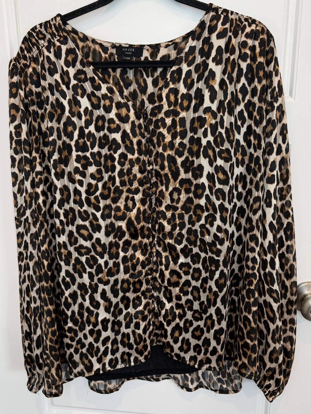 HAVER London Women Leopard Print Smocked Neck Blouse Top Size 1X Gold Metallic